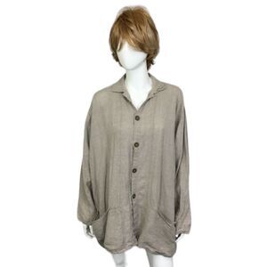 Flax Tan 100% Linen Oversized Lagenlook Button Shirt Jacket Shaket L